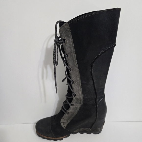 Sorel Cate the Great Wedge boot lace up leather black gray heel - Picture 6 of 12